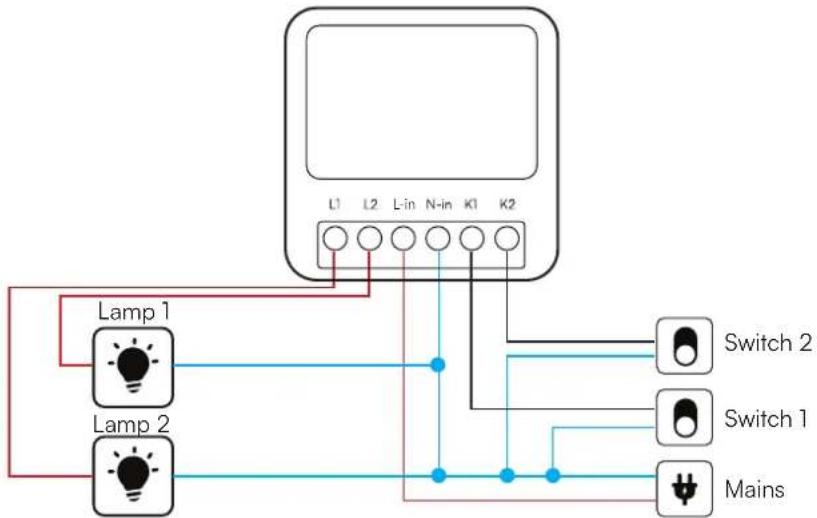 L1 L2 L-in N-in K1 K2 Lamp 1 Switch 2 Lamp 2 Switch 1 Mains