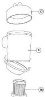 Technical diagram of a bucket with numbered parts labeled 9, 17, and 18
