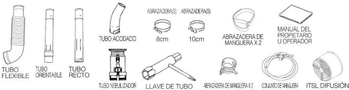 TUBO FLEXIBLE TUBO ORIENTABLE TUBO RECTO TUBO ACODADO ABRAZADERA(S) 8cm 10cm ABRAZADERA(S) ABRAZADERA DE MANGUERA X 2 MANUAL DEL PROPIETARIO U OPERADOR TUBO NEBULIZADOR LLAVE DE TUBO ABRAZADERA DE MANGUERA X 2 CONJUNTO DE MANGUERA ITSL DIFUSIÓN