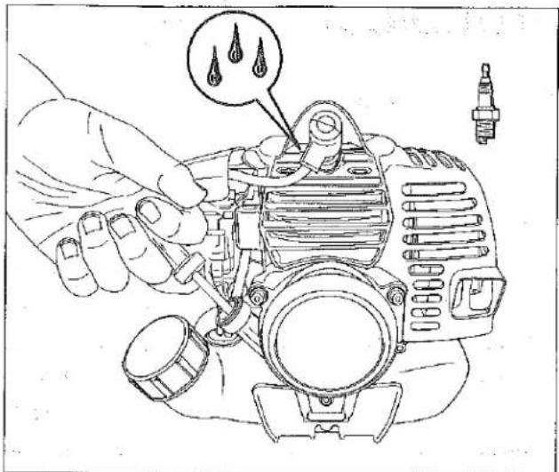 Technical diagram showing a hand using a valve to adjust or install a mechanical component with droplet symbols and a spark plug nearby.