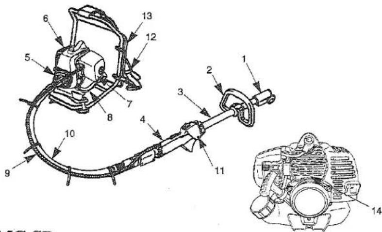 Technical diagram of a mechanical device with numbered components and an inset view of the engine cylinder.