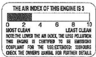 THE AIR INDEX OF THIS ENGINE IS 3 0 2 4 6 8 10 MOST CLEAN LEAST CLEAN NOTE: THE LOWER THE AIR INDEX, THE LESS POLLUTION. THIS ENGINE IS CERTIFIED TO BE EMISSIONS CONPLIANT FOR THE USE EXTENDED: 300HOURS CHECK THE OWNER'S MANUAL FOR FURTHER DETAILS