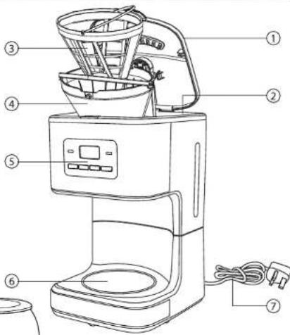 Labeled diagram of a coffee maker with numbered parts for identification and assembly reference.