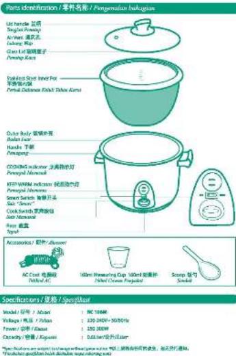 Parts Identification / 节料名称 / Fangmadian Inkugian Lid handle 機榔 Singlet Piping Air/Heat 温润丸 Inkung Rup Green Lid 饮面椰子 Piping Kuna Sodium Shot Inner Pit 罗普顿锅 Pineal Detaware Kit & Tinus Kuna Copper Body 铝膜外壳 Bodily Lamp Handle 手断 Pineapple COOKING instrument 水蒸器灯 Pineapple Melonell KEEP/WARM indicators 水面泡灯 Pineapple Melonell Smart Switch 锅具开关 Skin "Sweet" Cook Switch 烘味面包 Salt Melonell Baby 烘品 Soup Accessory / 饮件/Disorder AC Coat 电饭煲 Dish/Alc 100ml Watering Cup 50ml 热面杯 Fiber Cheese Packaged Scrimp 饯勺 Snack