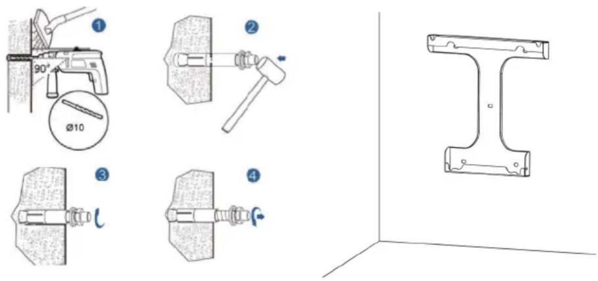 Technical diagram showing four steps of a mechanical assembly with labeled parts and angles, including tool, hammer, and fastener.