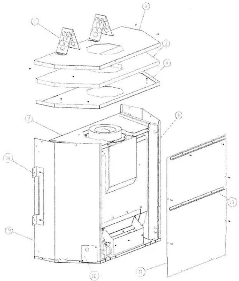 Technical diagram of a device with numbered components, showing internal structure and assembly layout.
