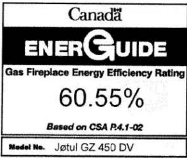 Canada ENERGUIDE Gas Fireplace Energy Efficiency Rating 60.55% Based on CSA P.4.1-02 Model No. Jøtul GZ 450 DV
