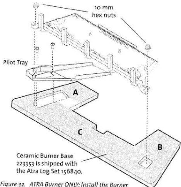10 mm hex nuts Pilot Tray A C B Ceramic Burner Base 223353 is shipped with the Atra Log Set 156840. Figure 32. ATRA Burner ONLY: Install the Burner