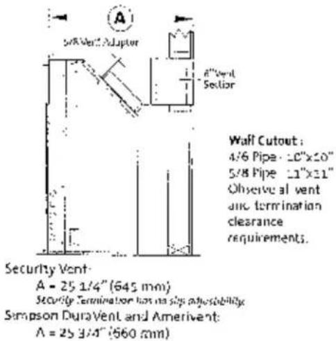 5/8 Vent. Adapter 4"Vent. Seltior Wall Cutout: 4/6 Pipe - 10"x10" 5/8 Pipe - 11"x11" Observeal vent and termination clearance requirements. Security Vent- A = 25 1/4" (645 mm) Security Termination has no slip adjustability Simpson Duravent and Amerivent: A = 25 3/4" (560 mm)