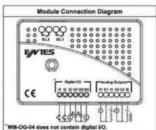Module Connection Diagram SNTES CE Digital I/O 11 02 03 04 05 06 07 Analog Output V1 01 01 02 02 03 *MM-OG-04 does not contain digital I/O.