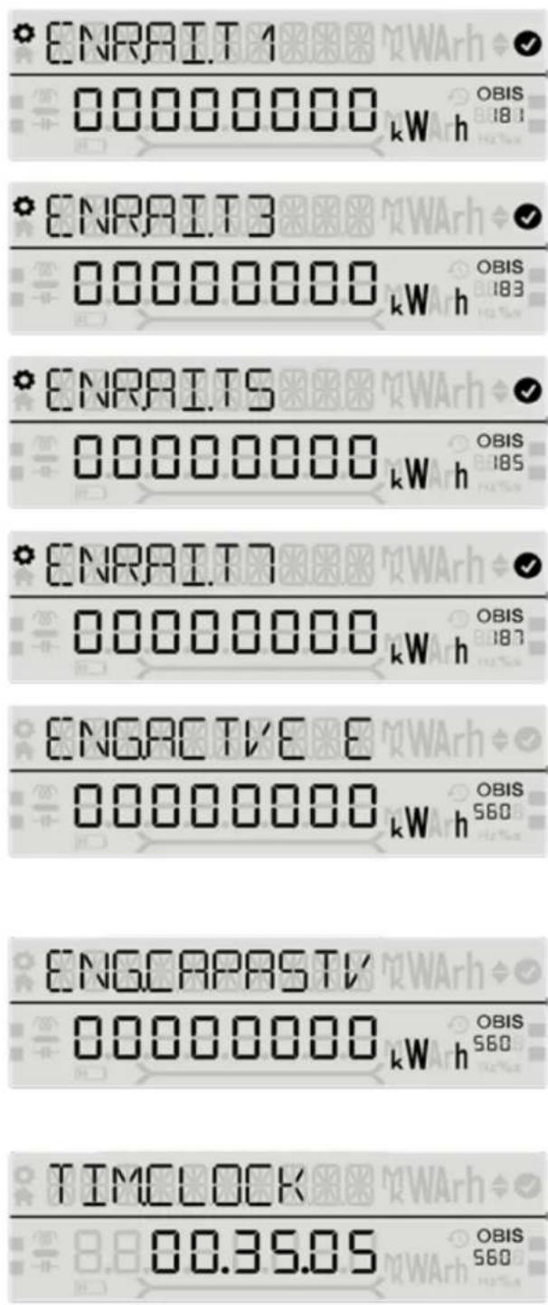*ENRAIT 1 00000000 kW h OBIS 18:1 *ENRAIT3 00000000 kW h OBIS 18:3 *ENRAITS 00000000 kW h OBIS 18:5 *ENRAIT7 00000000 kW h OBIS 18:7 ENGACTIVE 00000000 kW h OBIS S60 ENGCAPASTV 00000000 kW h OBIS S60 TIMCLOCK 00.35.05 OBIS S60