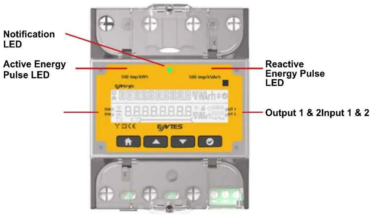 Notification LED Active Energy Pulse LED 500 Imp/kWh 500 Imp/kVArh E/WTEGIC Output 1 & 2Input 1 & 2 Reactive Energy Pulse LED