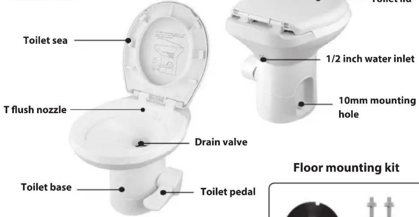 Toilet sea T flush nozzle Drain valve Toilet base Toilet pedal 1/2 inch water inlet 10mm mounting hole Floor mounting kit