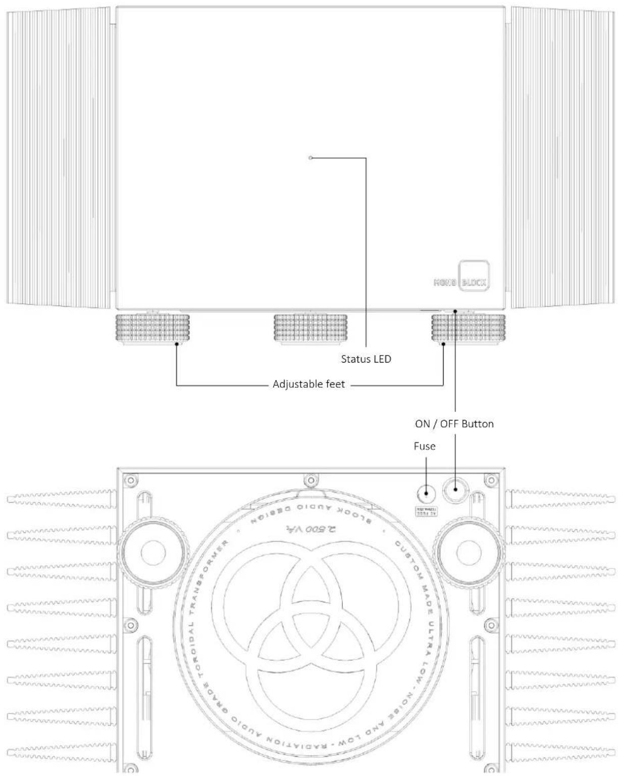 HOOD BLOCK Status LED Adjustable feet ON / OFF Button Fuse STOCKED OFF button 2500 V4 STOCK AUDIO DESIGN CUSTOM MADE FULL-LOW RADIATION AUDIO GARMAO TOROIDAL TRANSFORMER TOLERANCE AND LOW-RADIATION AUDIO