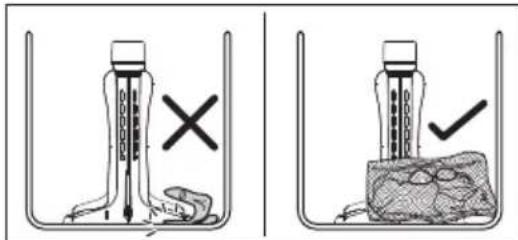 Diagram showing two experimental setups with labeled components and cross marks, likely illustrating a mechanical or biological process.