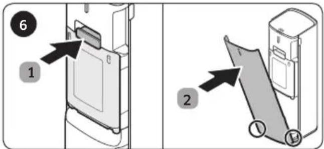 Diagram showing two steps of installing a door panel, labeled with arrows and numbered parts (1 and 2)