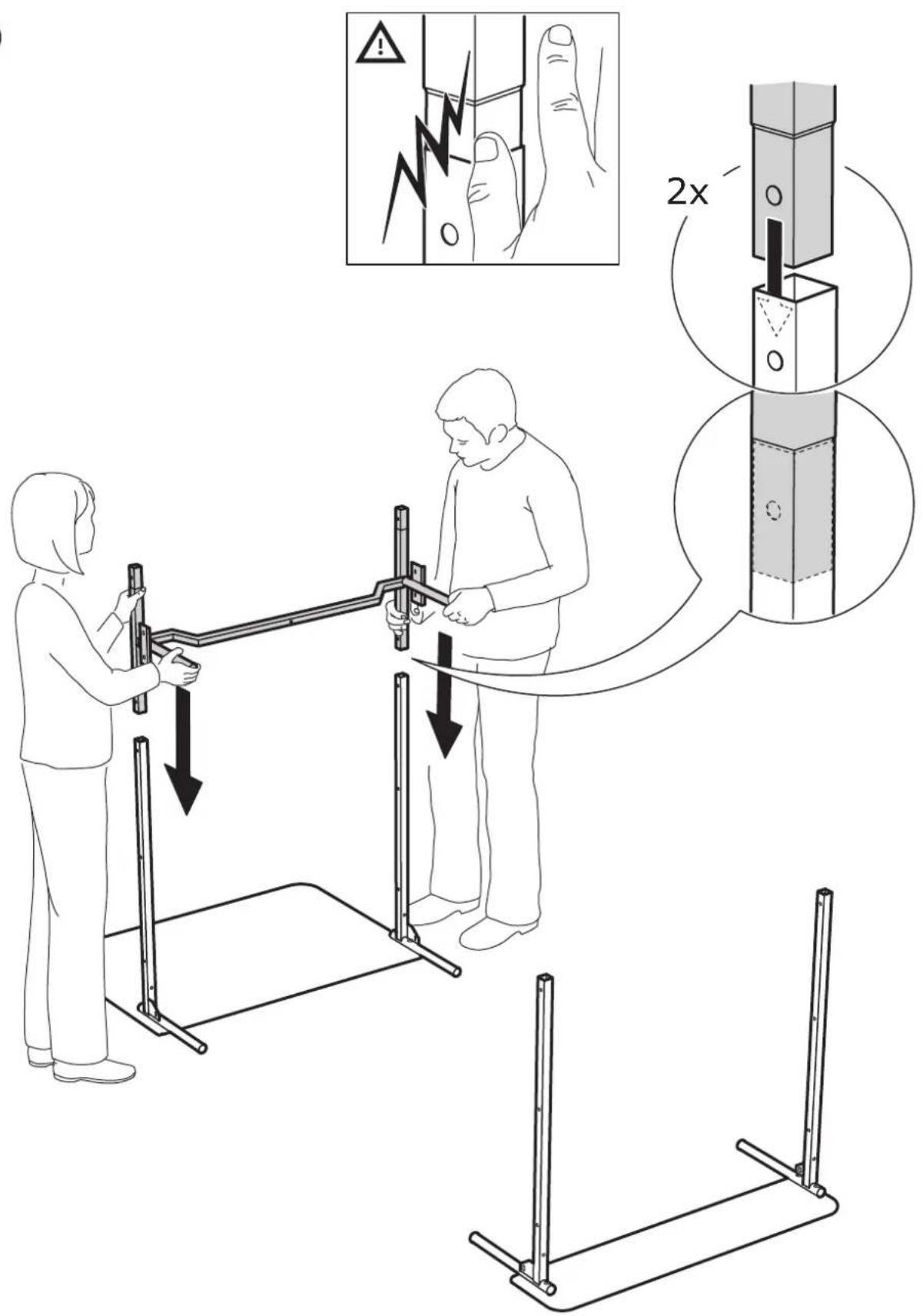 Technical diagram illustrating a physical testing setup with two participants using a horizontal bar, accompanied by safety warning and 2x magnified detail.