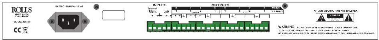 ROLLS MADE B: LGA SPOTER LED MODEL RACE: CE 120 VAC 50/60 Hz 15 VA INPUTS Monoc Right Left 4 3 2 1 4 3 2 1 OUTPUTS LCTT RIGUE DE CHOC - NE PAS ENLEVER WARNING: DO NOT EXPOSE THE COMPONENT TO RAW OR MOISTURE. TO REDUCE THE RISK OF ELECTRIC SHOCK DO NOT REMOVE COVER. NO WORK SERVICEABLE PARTS POWER, NEW SERVICE TO QUALIFIED SERVICE PERSONNEL