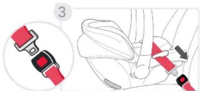 Diagram showing a red belt buckle adjustment applied to the seatbelt, with a magnified inset highlighting the detail.