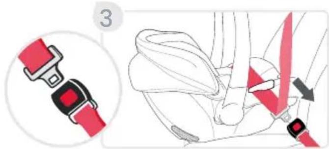 Diagram showing a red belt buckle being inserted into a car seatbelt, with instructional text and numbered label 3.