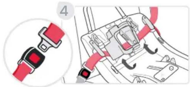 Diagram showing a red belt buckle assembly with a magnified inset highlighting the component's detail.