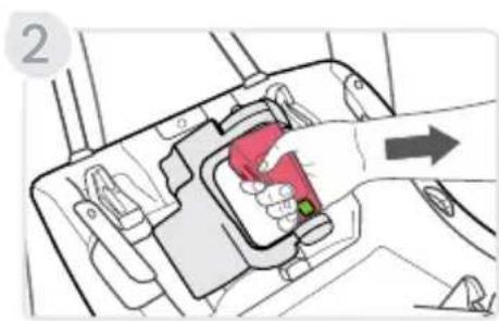 Diagram showing a hand inserting a red object into a car interior, with an arrow indicating direction.
