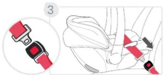 Diagram showing a red belt buckle adjustment applied to a car seatbelt, with a magnified inset highlighting the detail.