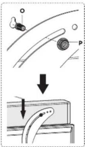 Diagram illustrating a mechanical or fluid system with labeled components O and P, showing a downward flow from top to bottom.