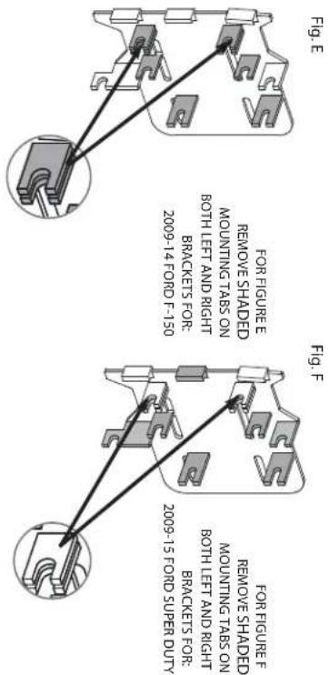 FIG. E FOR FIGURE E REMOVE SHADED MOUNTING TABS ON BOTH LEFT AND RIGHT BRACKETS FOR: 2009-14 FORD F-150 FIG. F FOR FIGURE F REMOVE SHADED MOUNTING TABS ON BOTH LEFT AND RIGHT BRACKETS FOR: 2009-15 FORD SUPER DUTY