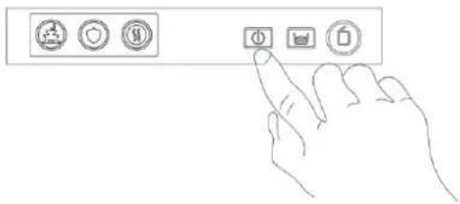 Hand holding a finger pointing at a control panel with icons for file, folder, and zoom
