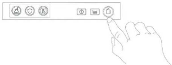 Line drawing of a hand interacting with a toolbar with icons for file, folder, edit, refresh, and download functions.