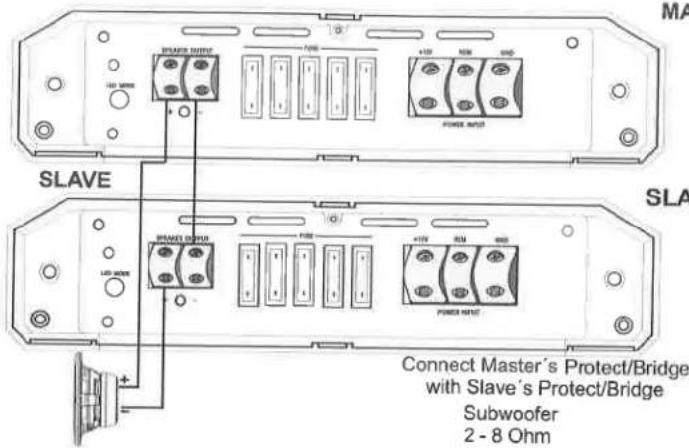 MA SLAVE SLA BRANE OUTPUT FIRE +10V 50V 80V POWER INPUT BRANE OUTPUT FIRE +10V 50V 80V POWER INPUT Connect Master's Protect/Bridge with Slave's Protect/Bridge Subwoofer 2 - 8 Ohm