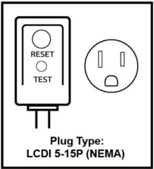 RESET TEST Plug Type: LCDI 5-15P (NEMA)