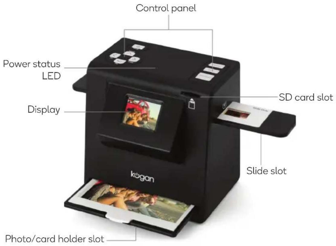 Control panel Power status LED Display SD card slot Slide slot kogan Photo/card holder slot
