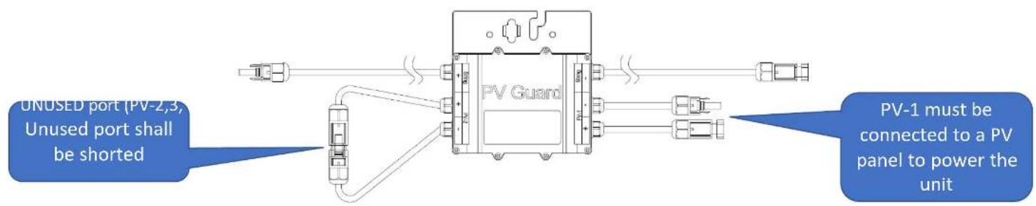 UNUSED port (PV-2,3) Unused port shall be shorted PV Guard PV-1 must be connected to a PV panel to power the unit