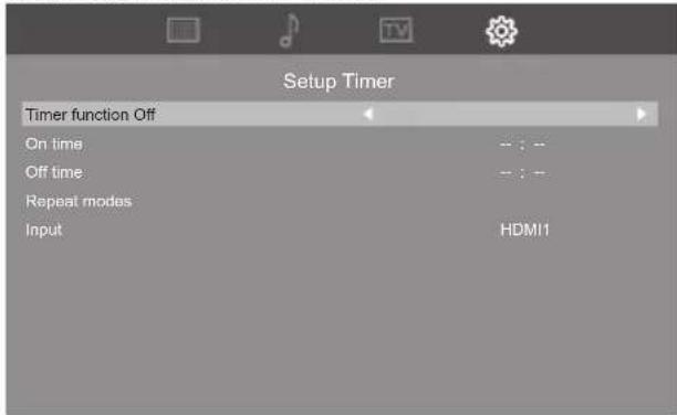 Setup Timer Timer function Off On time Off time Repeat modes Input HDMI1