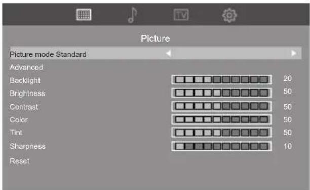Picture Picture mode Standard Advanced Backlight Brightness Contrast Color Tint Sharpness Reset