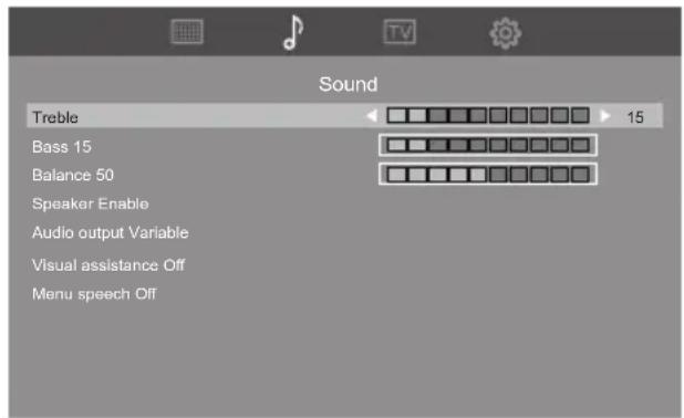 Sound Treble 15 Bass 15 Balance 50 Speaker Enable Audio output Variable Visual assistance Off Menu speech Off