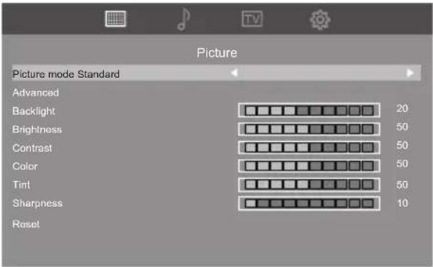 Picture Picture mode Standard Advanced Backlight 20 Brightness 50 Contrast 50 Color 50 Tint 50 Sharpness 10 Reset