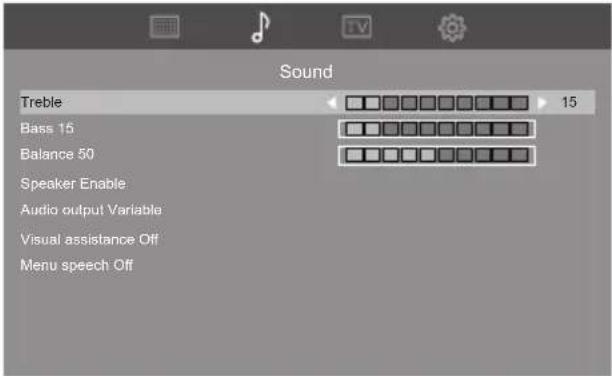 Sound Treble 15 Bass 15 Balance 50 Speaker Enable Audio output Variable Visual assistance Off Menu speech Off