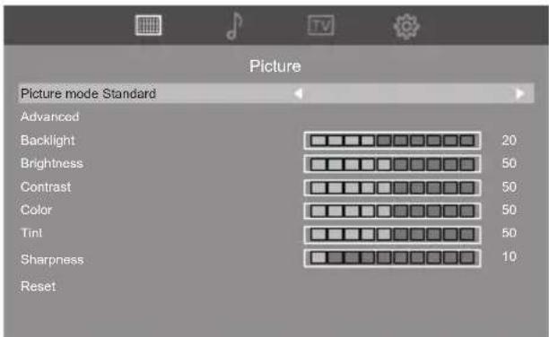 Picture Picture mode Standard Advanced Backlight Brightness Contrast Color Tint Sharpness Reset