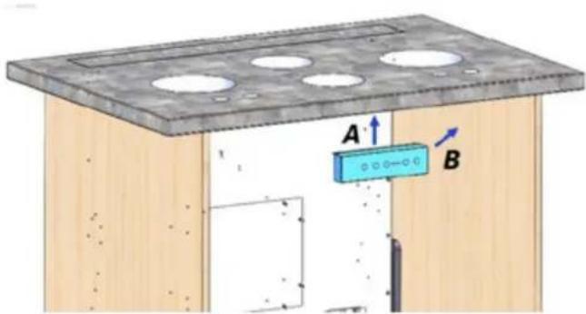 Diagram of a mechanical or electrical setup with labeled components A and B, showing a component mounted on a platform.