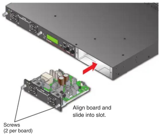 Screws (2 per board) Align board and slide into slot.