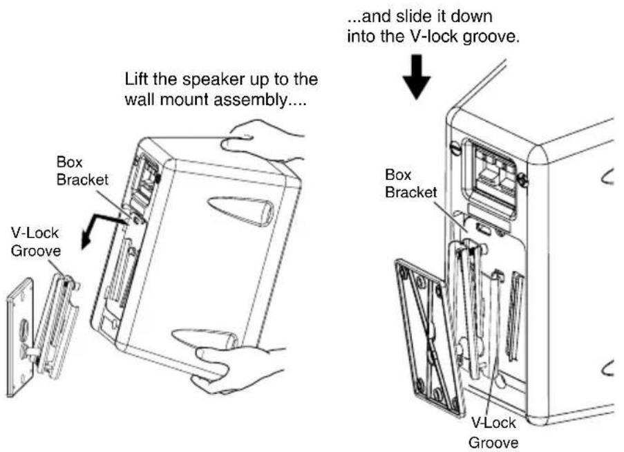 Lift the speaker up to the wall mount assembly.... Box Bracket V-Lock Groove ... and slide it down into the V-lock groove. Box Bracket V-Lock Groove