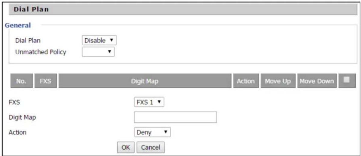 Dial Plan General Dial Plan Disable Unmatched Policy No. FXS Digit Map Action Move Up Move Down FXS FXS 1 Digit Map Action Deny OK Cancel