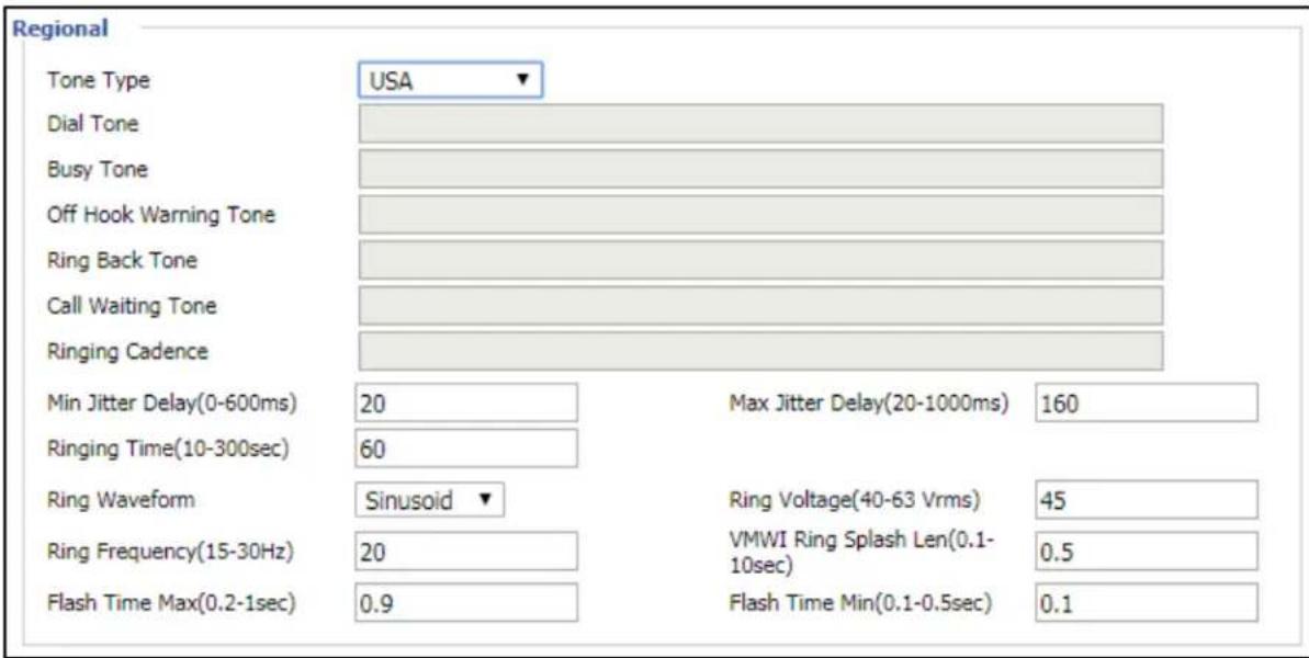 Regional Tone Type USA Dial Tone Busy Tone Off Hook Warning Tone Ring Back Tone Call Waiting Tone Ringing Cadence Min Jitter Delay(0-600ms) 20 Max Jitter Delay(20-1000ms) 160 Ringing Time(10-300sec) 60 Ring Waveform Sinusoid Ring Voltage(40-63 Vrms) 45 Ring Frequency(15-30Hz) 20 VMWI Ring Splash Len(0.1-10sec) 0.5 Flash Time Max(0.2-1sec) 0.9 Flash Time Min(0.1-0.5sec) 0.1