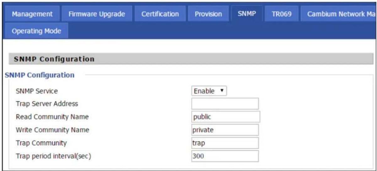 Management Firmware Upgrade Certification Provision SNMP TR069 Cambium Network Ma Operating Mode SNMP Configuration SNMP Configuration SNMP Service Enable ▼ Trap Server Address public Read Community Name private Write Community Name trap Trap Community trap period interval(sec) 300