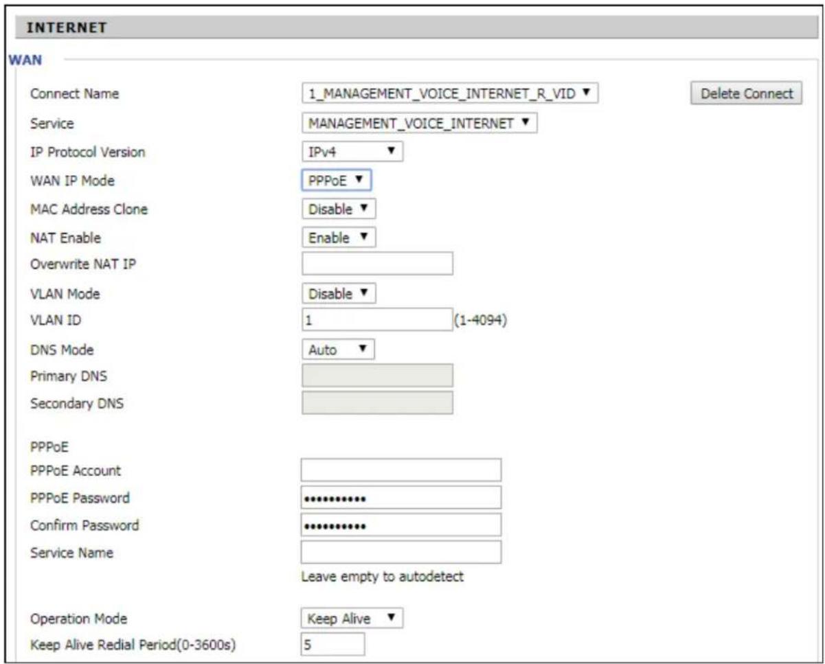 INTERNET WAN Connect Name 1_MANAGEMENT_VOICE_INTERNET_R_VID Delete Connect Service MANAGEMENT_VOICE_INTERNET IP Protocol Version IPv4 WAN IP Mode PPPoE MAC Address Clone Disable NAT Enable Enable Overwrite NAT IP VLAN Mode Disable VLAN ID 1 (1-4094) DNS Mode Auto Primary DNS Secondary DNS PPPoE PPPoE Account PPPoE Password Confirm Password Service Name Leave empty to autodetect Operation Mode Keep Alive Keep Alive Redial Period(0-3600s) 5