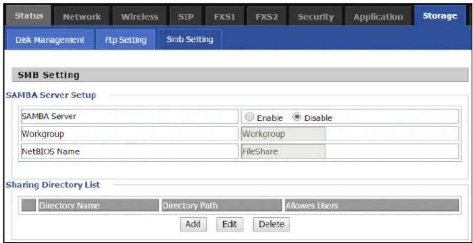 Status Network Wireless SIP FXS1 FXS2 Security Application Storage Disk Management Ftp Setting Smb Setting SMB Setting SAMBA Server Setup SAMBA Server Enable Disable Workgroup Workgroup NetBIOS Name FileShare Sharing Directory List Directory Name Directory Path Allows Users Add Edit Delete