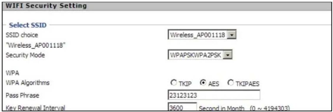 WIFI Security Setting Select SSID SSID choice Wireless_AP001118 "Wireless_AP001118" Security Mode WPAPSKWPA2PSK WPA WPA Algorithms ○ TKIP ● AES ○ TKIPAES Pass Phrase 23123123 Key Renewal Interval 3600 Second in Month (0 ~ 4194303)